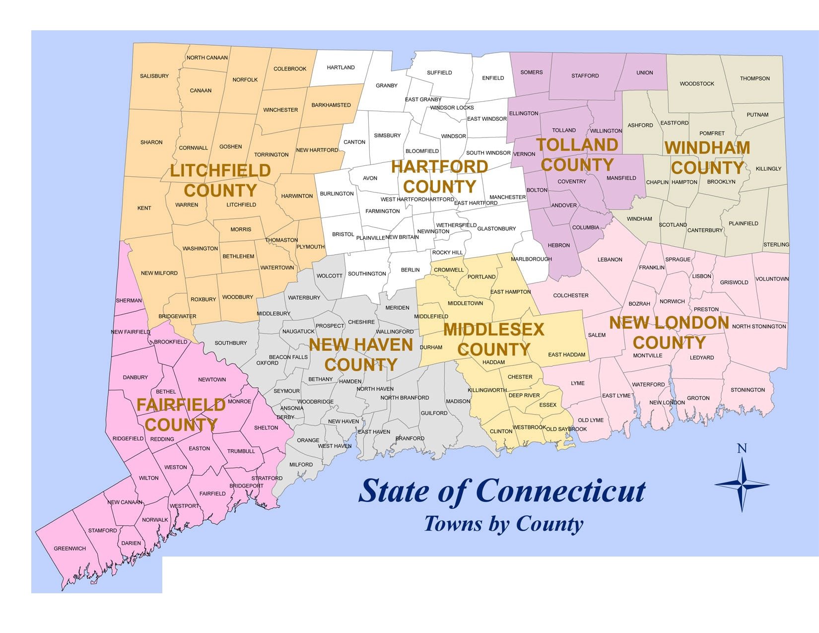 Connecticut Towns By County Map 